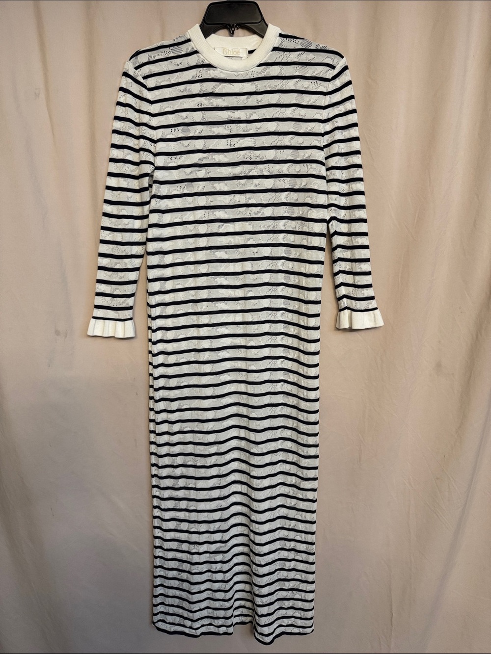 Chloe Pointelle Striped Knit Maxi Dress, Size 48A, US 14/16, Color White/Navy